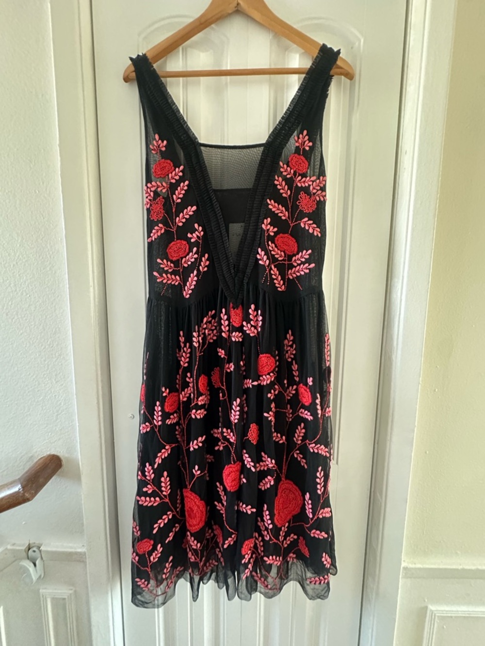 Let Me Be Black Midi Dress with Red Floral Embroidery - V-Neck Women's Dress